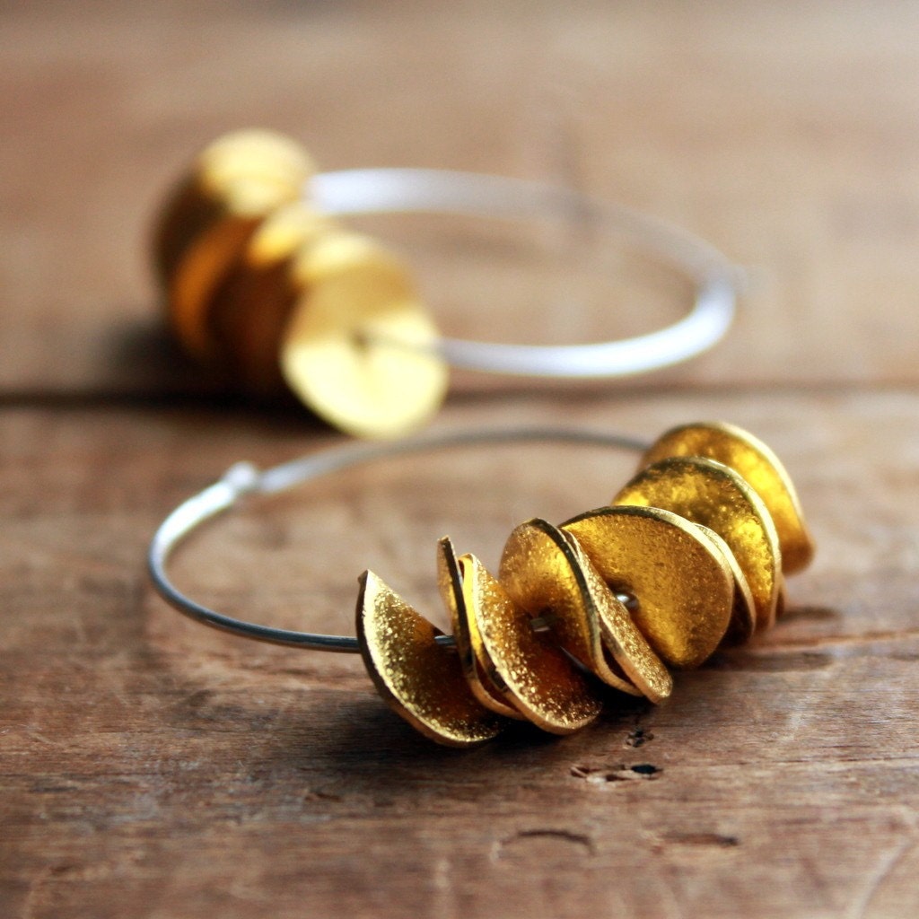 Large Hoop Ruffle Earrings in Sterling Silver with Gold Ruffle - Mixed Metal Petals Modern Minimalist Under 30 Gift