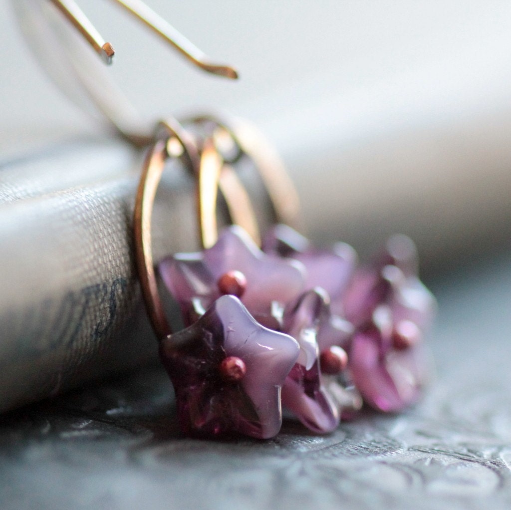 Flower Earrings with Purple Czech Glass Beads and Small Hoops- Cherry Blossoms Garden Floral Botanical