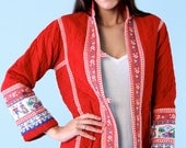 SALE Vintage Red Corduroy Quilted Embroidered Jacket Mountain Alpine Scene