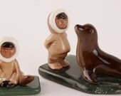 VIntage Alaskan Eskimo Brown Seal Figurines on Green Jade