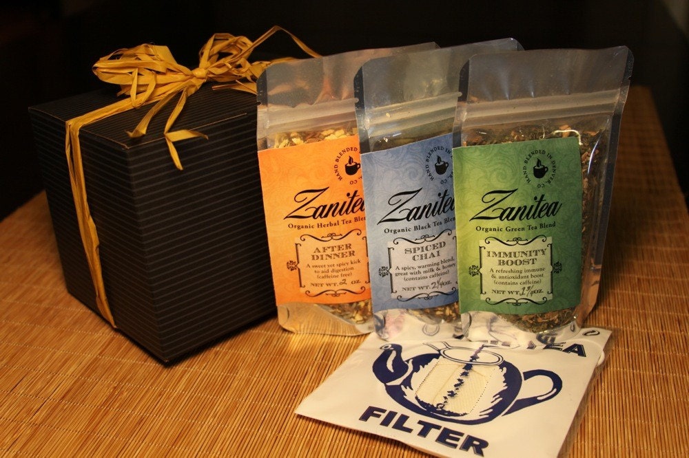 Gift Box of Three Organic Tea Blends and Brewing Tool / Each Zanitea Loose Leaf Blend Makes 10 to 12 Cups