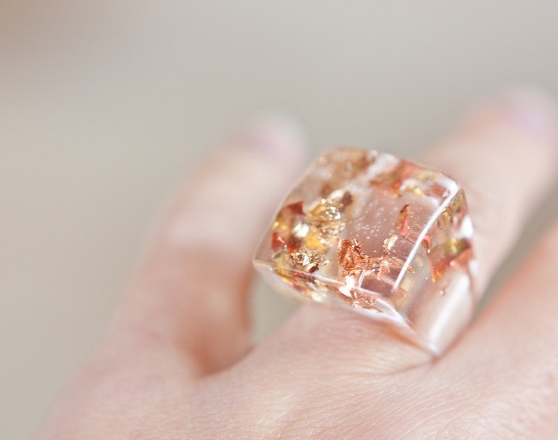 Resin Ring Gold Flakes Square Shape Cocktail Ring OOAK pastel peach romantic rusteam