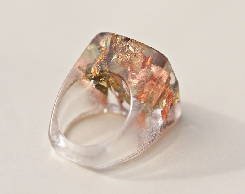 Resin Ring Gold Flakes Square Shape Cocktail Ring OOAK pastel peach romantic rusteam