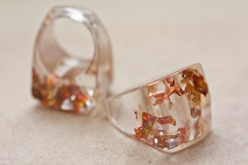 Resin Ring Gold Flakes Square Shape Cocktail Ring OOAK pastel peach romantic rusteam