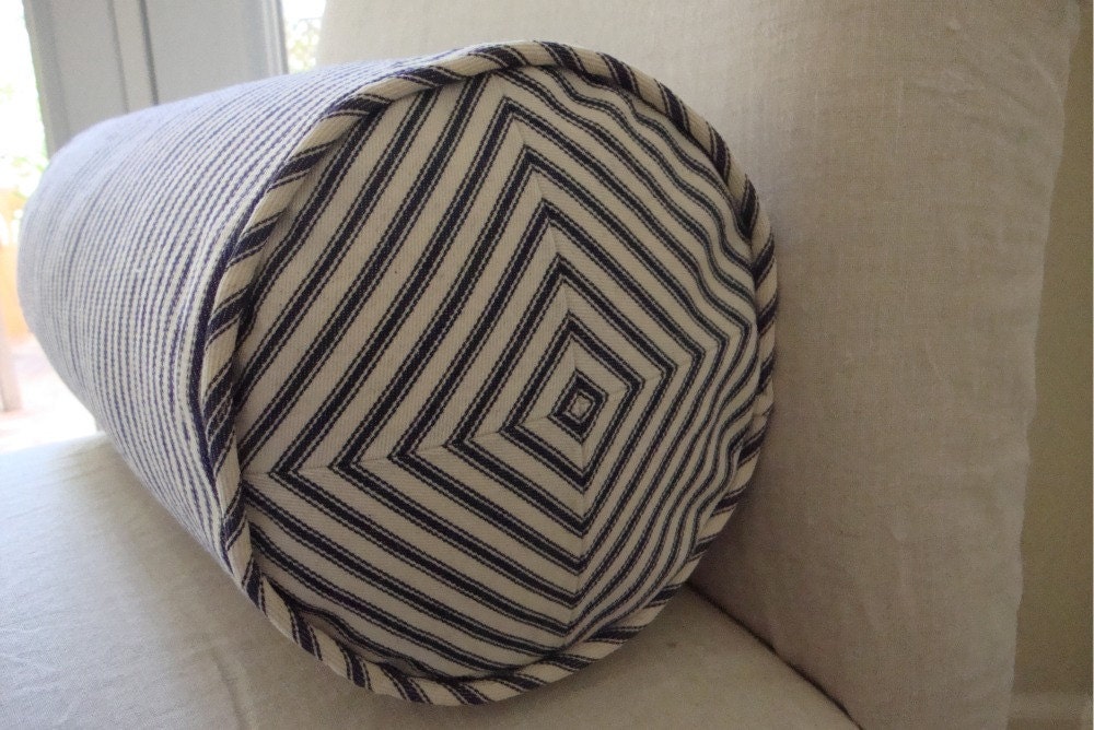 Navy and Off White Ticking Stripe 6x15 inch Neck Roll Pillow Cover with Mitered Ends