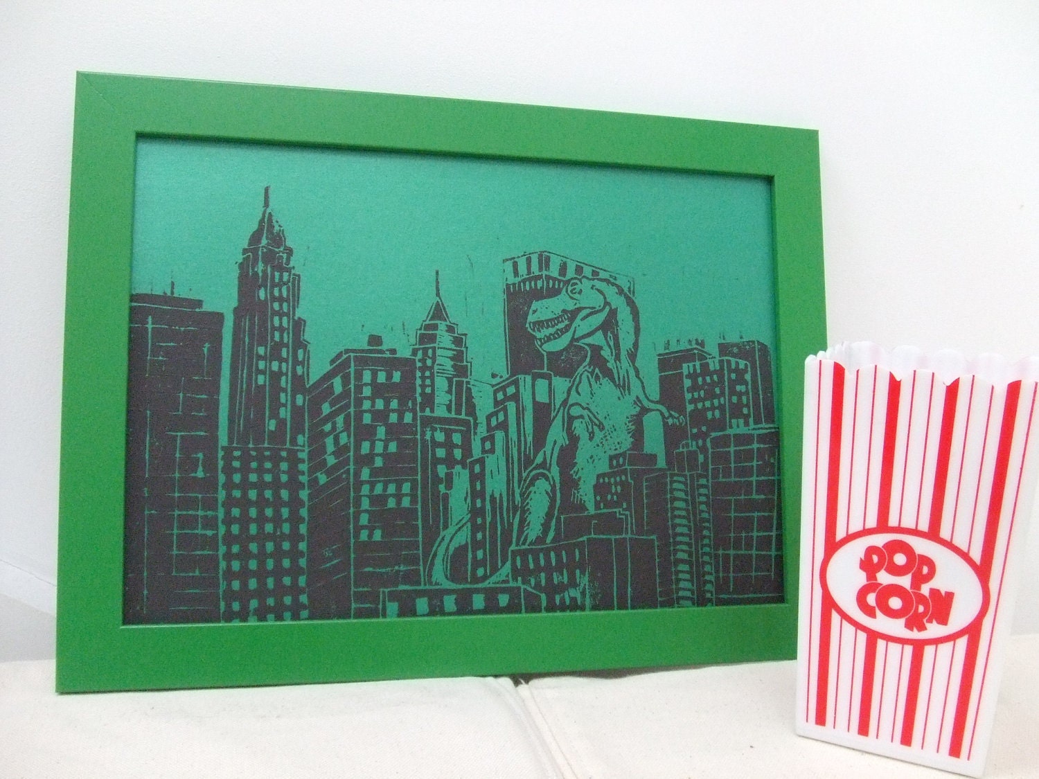 Dinosaur in the City Lino Print