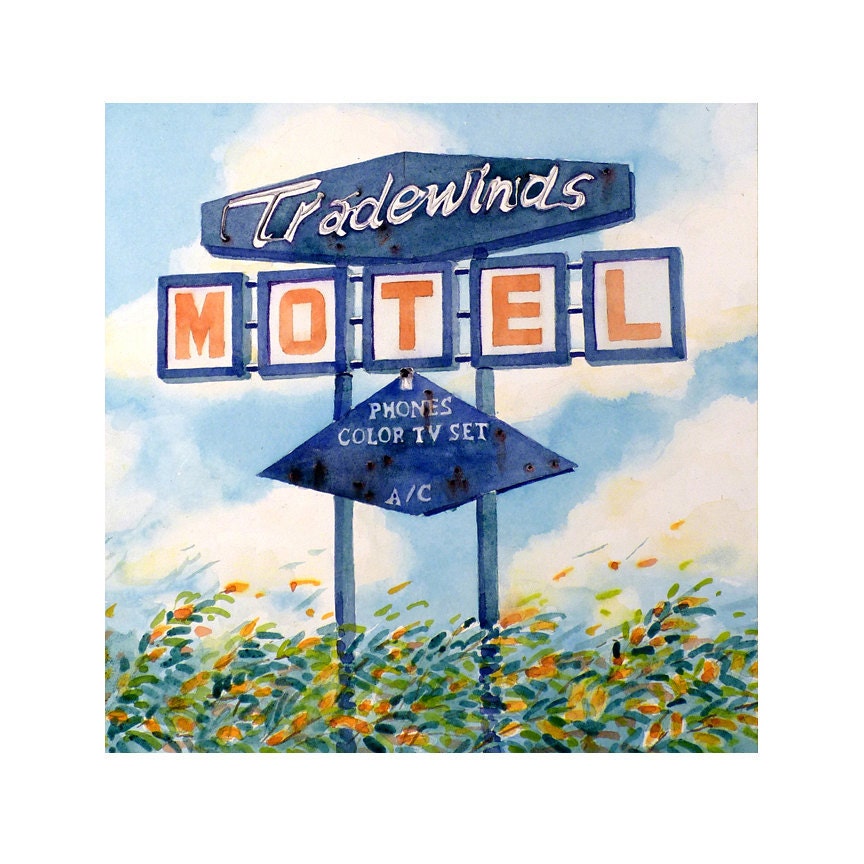 Vintage Neon Sign Art - Watercolor Painting Print - Vacation Travel, Mote,l Hote,l 1960s Turquoise Blue Navy Blue Beach 12 x 12