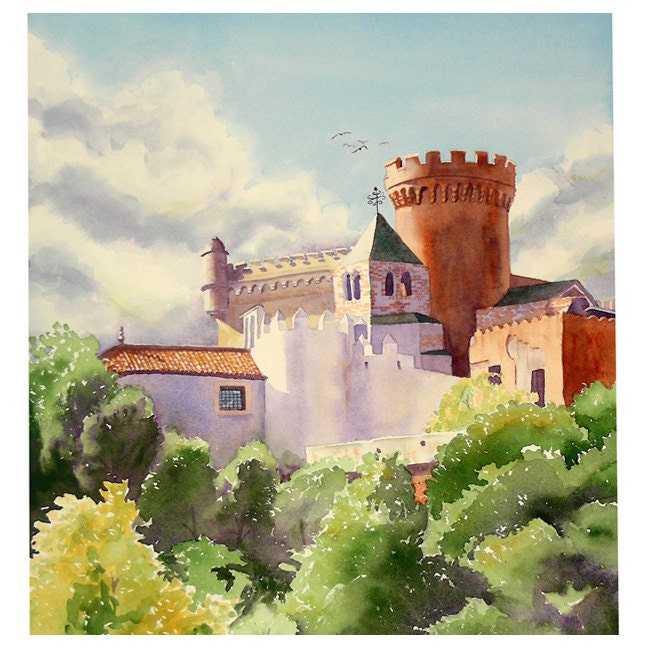 Castle Art Watercolor Painting Print Home Decor Children Castle Landscape Spain Kings Queens Kids Men Women 10.6 x 14 Under 30