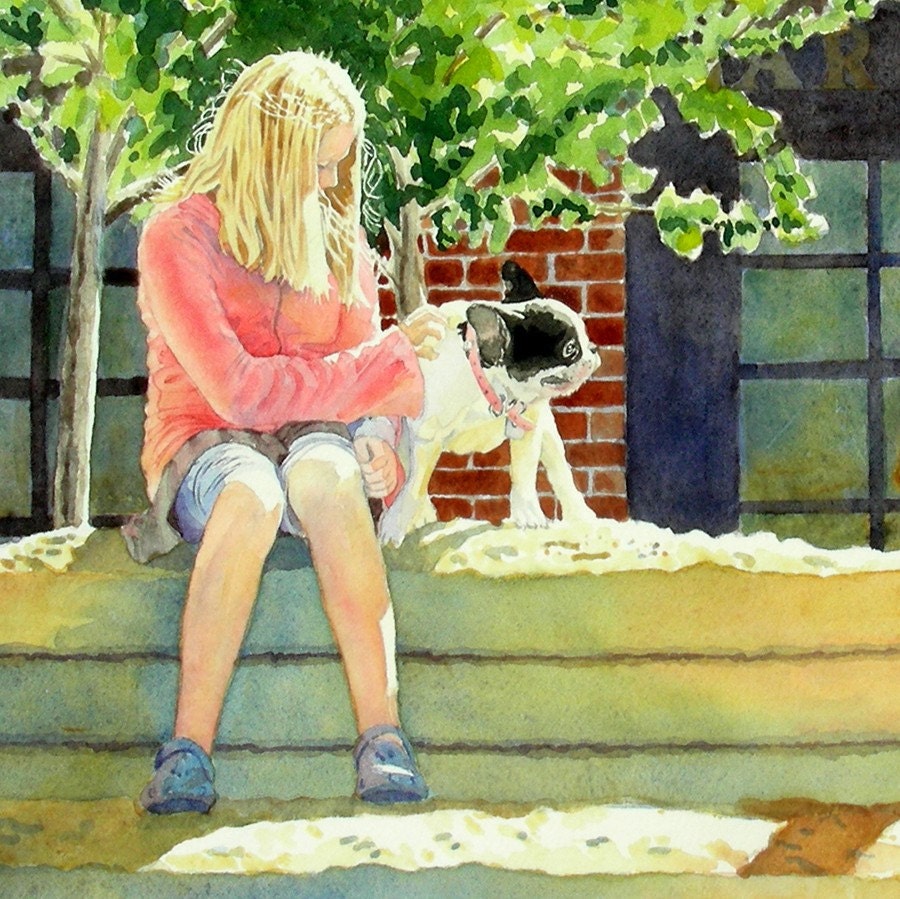 Landscape Art Watercolor Painting Print Bulldog Dog Kids Women Mothers Day Spring Summer Nature 10.6 x 13.6 Price Under 30