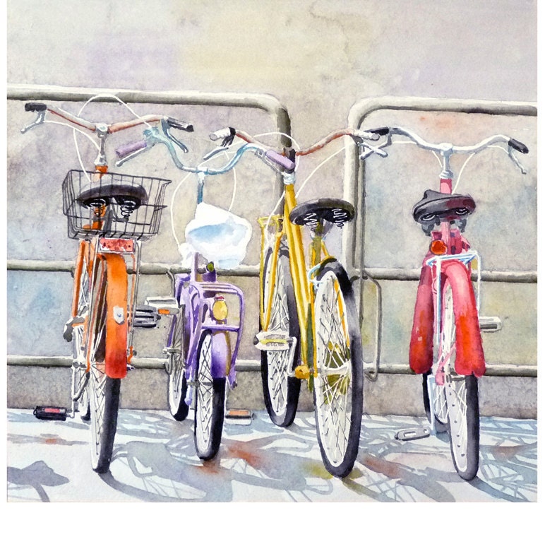 Bicycle Art  - Watercolor Painting Print -  Home Decor - Men Women - Florence Italy Travel Bikes Italy Home Decor Wall Decor  Office