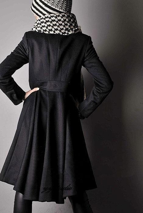 Black Pure Cashmere Pleated Skirt Long Victorian Trench Swing Coat