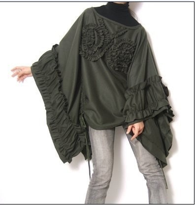 Olive Green Pure Wool Cape Poncho Cloak Coat Batwing Victorian Bolero