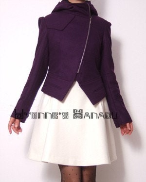 Aubergine Purple Wool Hooded Puff Long Sleeves Winter Fashion Jacket Free Shipping International
