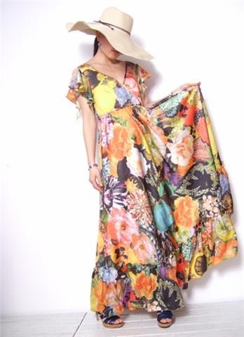 Yellow Orange Black Floral Pure Silk Satin Maxi Dress V-neck Ruffle Evening Formal Prom
