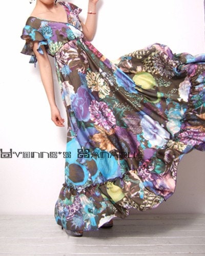 Blue Purple Black Floral Pure Silk Satin Maxi Dress V-neck Ruffle Evening Formal Prom