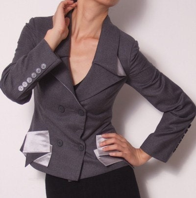 Gray Virgin Wool Silk Satin Double Breasted Blazer Suit