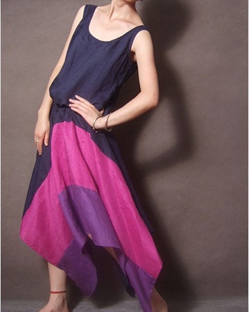 Navy Fuchsia Purple Linen Sleeveless Scoop Neck Asymmetrical Long Full Pleasted Dress