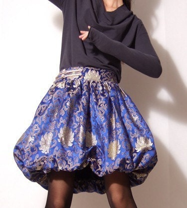 Blue Gold Embroidered Silk Brocade Puff Skirt High Waisted Multicolour Bubble FREE SHIPPING International