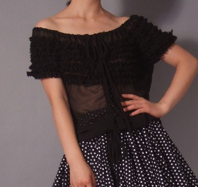 Sexy Black Sheer Chiffon Ruffle Short Sleeves Shirt Victorian Blouse