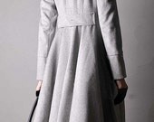 Smoke Gray Pure Cashmere Pleated Skirt Long Victorian Trench Swing Coat