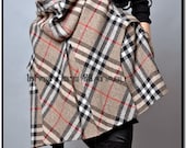 Beige Camel Black Plaid Tartan Twill Wool Cape Poncho Cloak Batwing Bolero