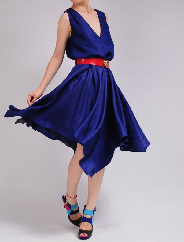 Luxury Indigo Blue Pure Silk Satin V Neck Sleeveless Full Pleated Formal Cocktail Dress