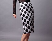 Black White Polka Dots Rayon Cotton Exposed Zipper Long Pencil Skirt
