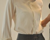 White Heavy Weight Pure Silk Satin Black Petterpan Collar Long Sleeves Shirt