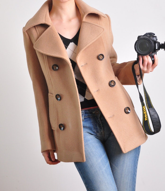 Classic Beige Alpaca Blended Wool Double Breasted Cropped Blazer Peacoat