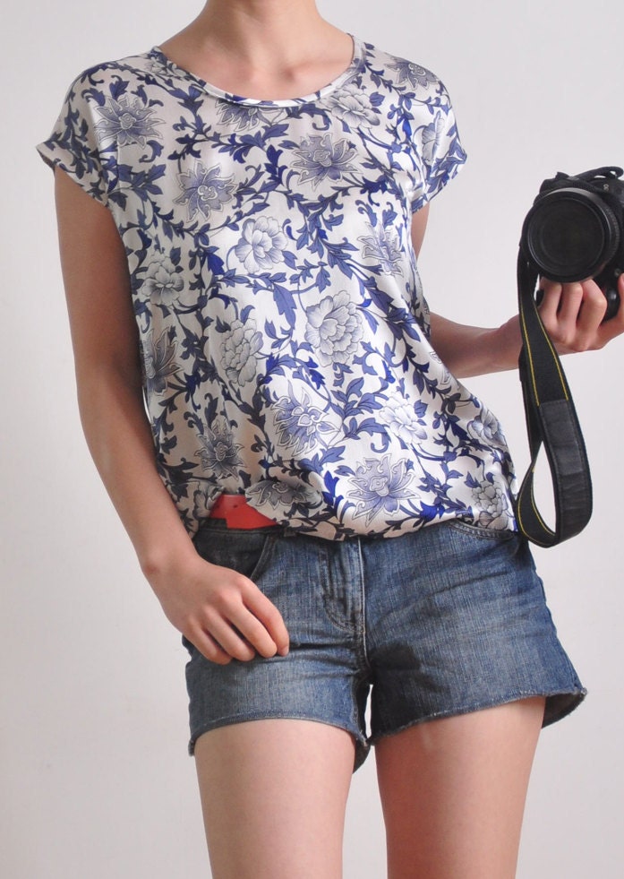 Cream White Navy Floral Pure Silk Satin Short Sleeves Blouse Tunic