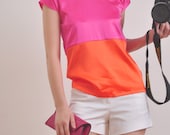 Orange Fuchsia Color Block Pure Silk Satin Short Sleeves Blouse Tunic
