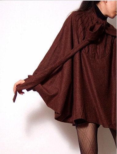 Brown Coffee Pure Wool Batwing Cape Poncho Cloak Coat FREE SHIPPING international
