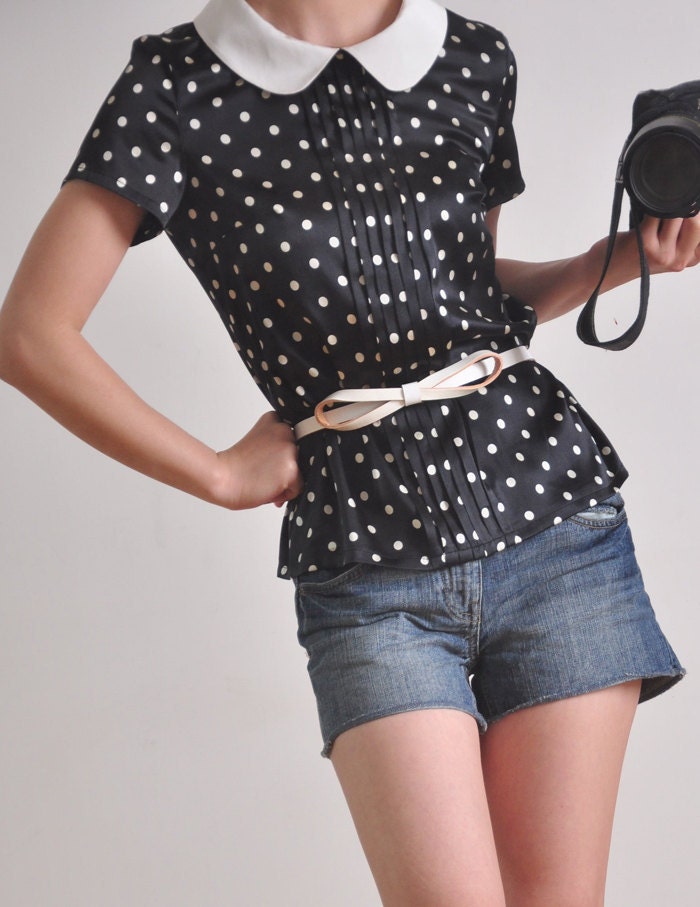 Black White Polka Dots Silk Petterpan Collar 3/4 Balloon Short Sleeves Blouse