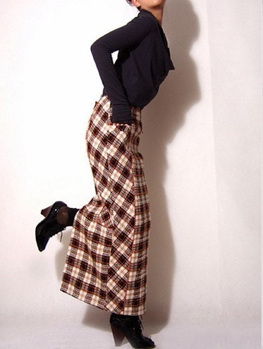 Grey Beige Tartan Pure Wool Long Pencil Skirt Free Shipping International