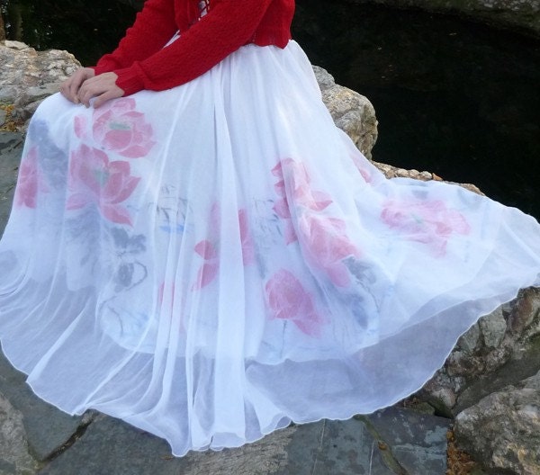 Handpainted Red Pink Lotus White Cotton Silk Chiffon Wrap Long Full Skirt Dress FREE SHIPPING International
