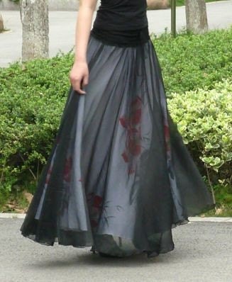 Handpainted Red Pink Lotus White Cotton Silk Chiffon Wrap Long Full Skirt Dress FREE SHIPPING International
