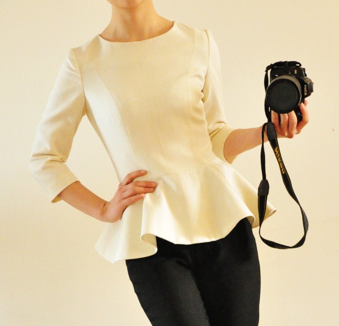 White Virgin Wool 3/4 Sleeves Peplum Flared Hem Winter Victotrian Lady Suit Top