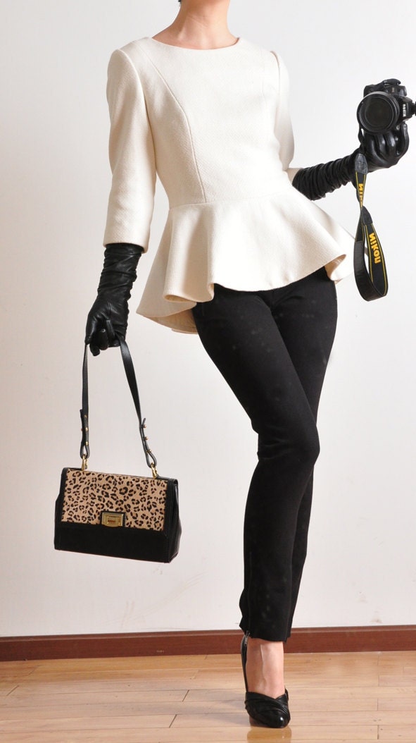 White Virgin Wool 3/4 Sleeves Peplum Flared Hem Winter Victotrian Lady Suit Top