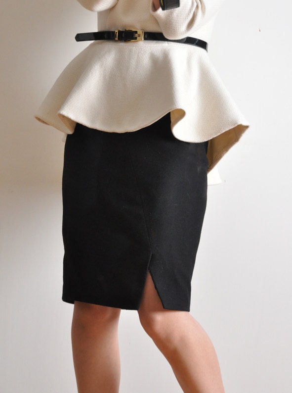 Black Pure Virgin Wool Midi Pencil Skirt with Side Split