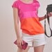 Orange Fuchsia Color Block Pure Silk Satin Short Sleeves Blouse Tunic