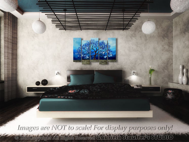 Abstract Modern Landscape Tree Asian Art by Gabriela 50x30 Large, texture, blue
