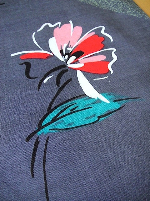Cotton japanese yukata kimono fabric arctic blue grey with red and pink flowers 1m panel (9 panels available)