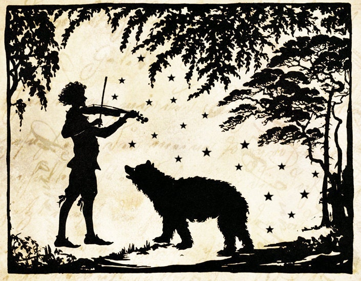 Papercut Art "Boy the Fiddle and Bear the Stars" Music Folk Art - Woodland Whimsical Silhouette - Elegant Nursury Art Vintage Fairy Tale - missquitecontrary