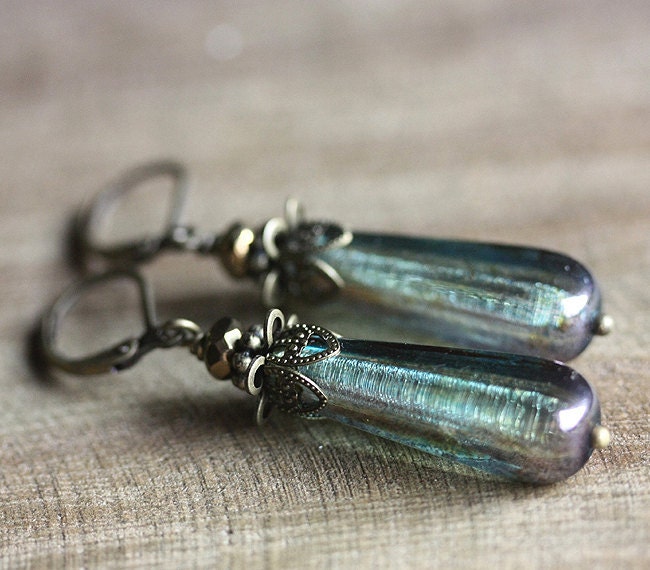 Dangle Earrings, Olivine Green Czech Glass Teardrop Beads,  Antiqued Brass Earwires - WOODLAND