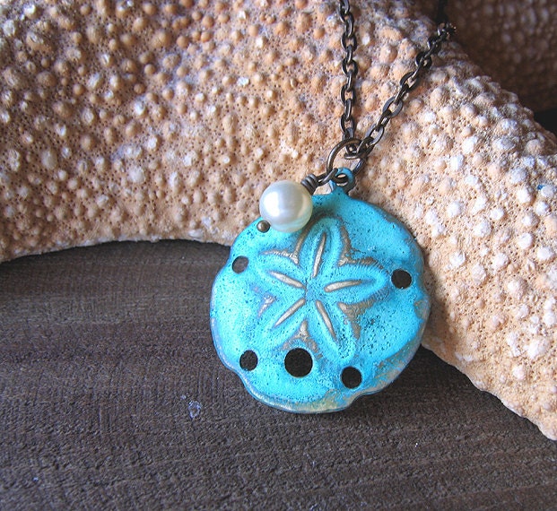 Necklace, Round Sand Dollar Pendant, Turquoise, Swarovski Pearl, 18 Inch Brass Chain - NAUTICA