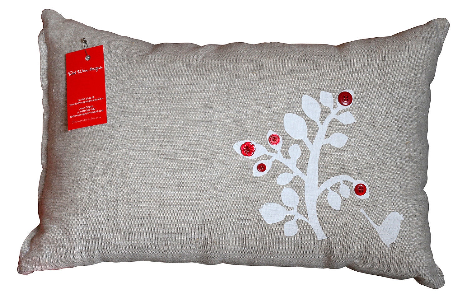 Linen Cushion Cover - White tree with red buttons