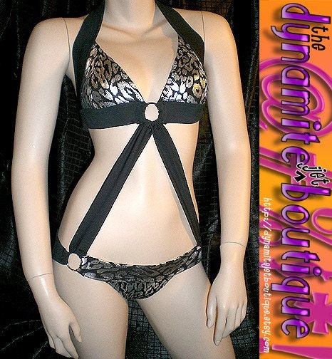 Strappy 3-RING Halter/Scrunchback bondage MONOKINI silver leopard/blk. S-34-0/2