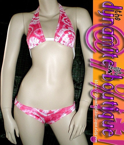 Candy PINK tiedye BIKINI scrunch butt slide halter--XS