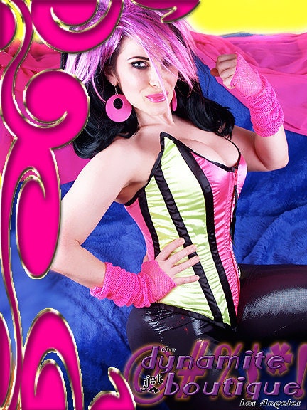 Zip-front corset bustier lime pink laceup wingtip scoop M 26