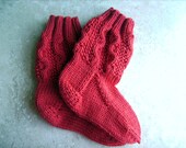 Hand Knit Red Baby Socks Booties with Irish Aran Cable in Soft Wool and Cotton Yarn (18 months and older) - Ready to Ship
